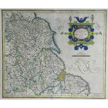 Gerhard Mercator, 17th century engraving with later hand colouring, Eboracum Lincolnia Derbia,