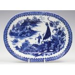 A Caughley oval baking dish circa 1785, transfer printed in the Fisherman pattern, unmarked,