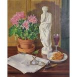 Erik W Gleave (1916-1995), Oil on board, 'Pause to Muse', Still life of flowers, a parian figure,