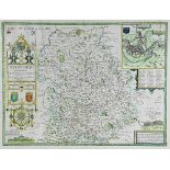 John Speed, 17th century engraving with later hand colouring, A Map of Shropshire, 40cm x 53cm,