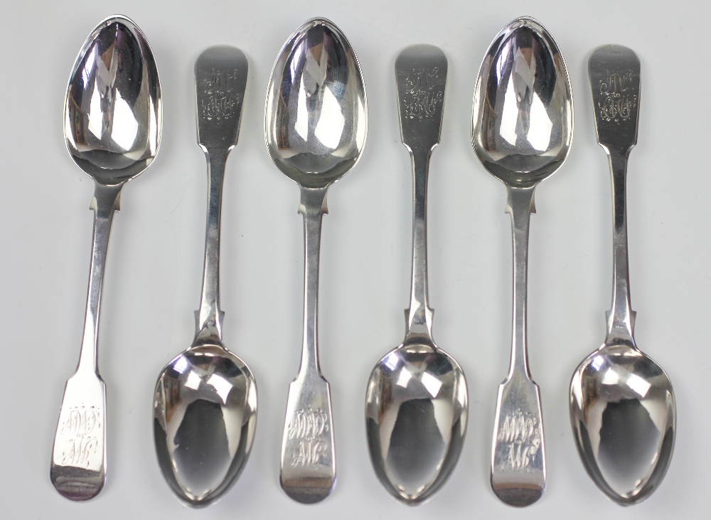 A set of six William IV silver Fiddle pattern tea spoons, each with monogrammed terminals,