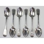 A set of six William IV silver Fiddle pattern tea spoons, each with monogrammed terminals,