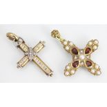 A garnet and seed pearl set cross pendant in Renaissance style,