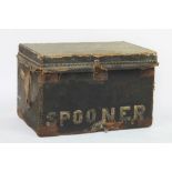 A Victorian canvas mounted pine trunk, enclosing a Crawfords biscuit tin,