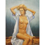 Malcolm Morris (Welsh 20th century), Oil on canvas, Seated female nude in a robe, Signed,