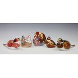 Five Royal Crown Derby paperweights comprising; a chicken, cockerel, woodland pheasant,