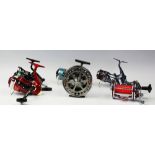 Five fishing reels comprising, a Gilfin model 500, a Firebird XT, an OmniX RD, a Zeta FD 50,