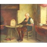 English School (19th century), Oil on canvas, Gentleman cleaning a clock movement with bellows,