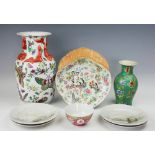 A selection of oriental wares to include a Chinese Canton famille rose plate, of mask design,