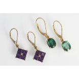 A pair of amethyst set drop earrings,