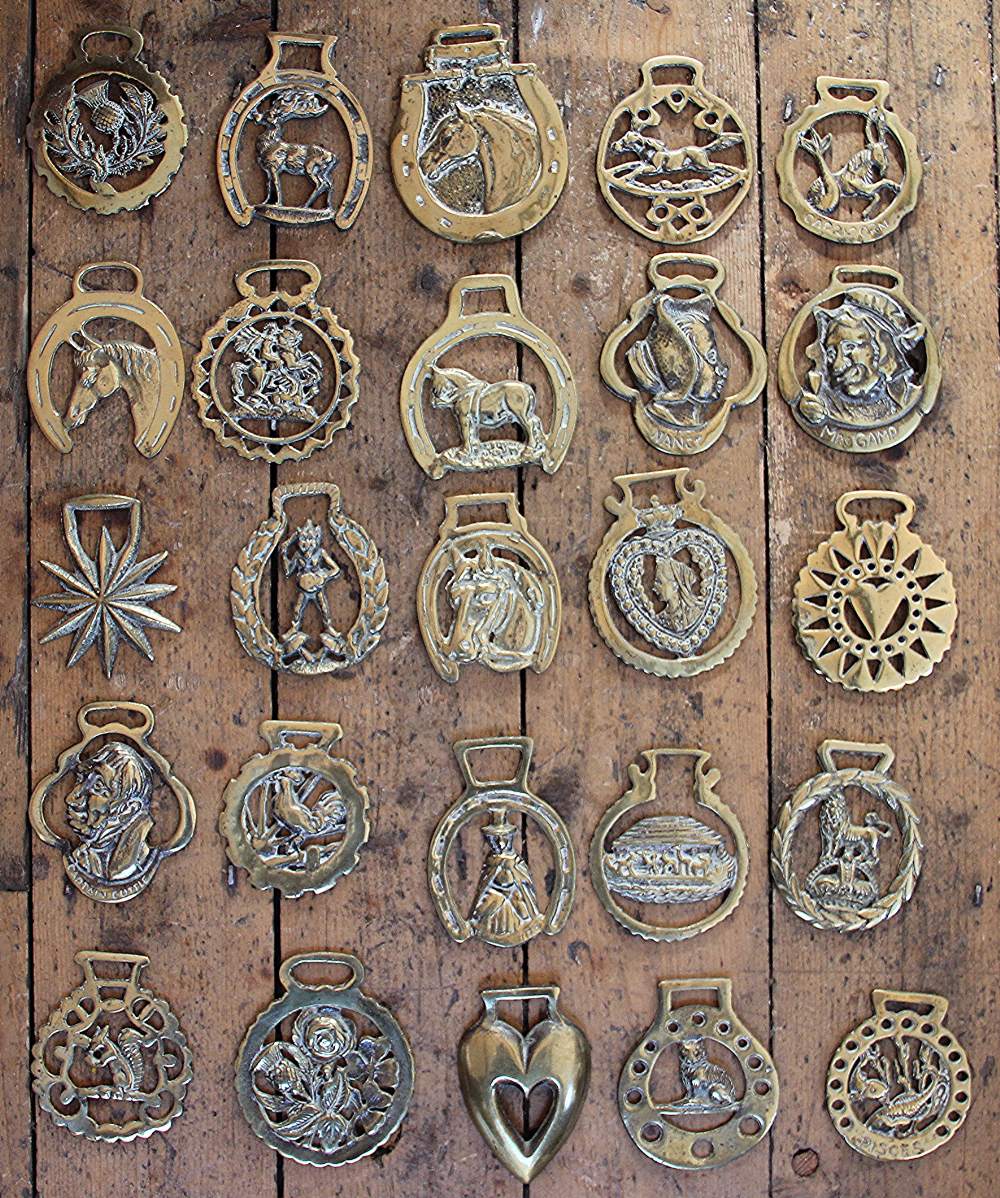 A collection of brass and ceramic and brass horse brasses, some with leather backings, - Image 3 of 4