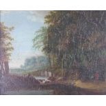 Norwich School (19th century), Oil on panel, River landscape with woodland and two figures,