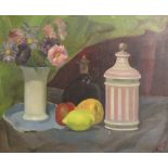 M Mann (20th century), Oil on canvas, Still life of a vase of flowers, fruit,