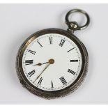 A silver cased ladies fob watch, Birmingham 1886, the open face watch with floral and foliate case,