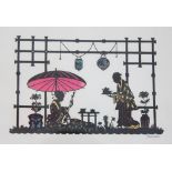 A cut paper silhouette of two Japanese figures taking tea under a pavilion,