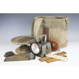 A late 19th century ash and canvas apple pickers harness, 26cm high, four majolica plates,