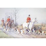 John S Sanderson Wells (1872-1955), Watercolour, Huntsman and hounds on a country lane,