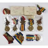 A collection of World War I medals, comprising, three trios with BWM and VM, 9711 Pte A. Barrett E.
