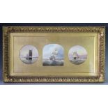 English School 19th century, Maritime triptych oil on board, Dutch vessels at sea,