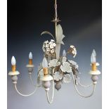 A toleware six branch chandelier, modelled with geranium flowers and leaves,