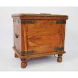 A modern hardwood blanket box / chest, with hinged lid, on turned legs, 60cm H x 59cm W x 46cm D,