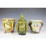 Two continental majolica jardiniere's, decorated with flowers, birds and fruit, tallest 23cm,