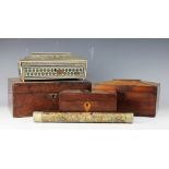 A 19th century Anglo-Indian ivory inlaid sandalwood work box, 26cm, with a walnut writing slope,