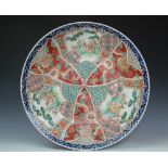 A Japanese Imari charger, decorated with alternating panels of a turkey in a landscape and a dragon,
