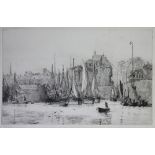 William Lionel Wyllie (1851-1931), Etching, Fishing boats in a harbour, Signed, 24cm x 36cm,