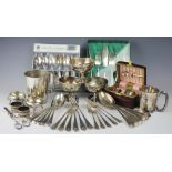 A quantity of silver plated wares including a cased EPNS christening set,