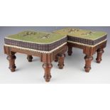 A pair of Victorian walnut foot stools, each rectangular stool with beaded bow detailing,
