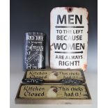 An assorted selection of vintage enamel style advertising signs, to include 6x 'Bad day in progress,