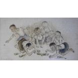 Chinese School - Mid 20th century, Watercolour on silk, Boys painting vases,