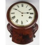 An early 19th century mahogany drop dial wall clock, brass bezel with Roman numeral dial,