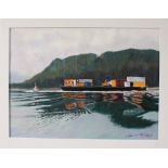 Elaine McRoy, Pastel on paper, Canadian tug boat and cargo ship, Signed lower right,