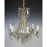 A French Parisian style six branch cut glass chandelier, of tent and bag form,