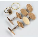 Two pairs of 9ct yellow gold cufflinks, each with chain link along with a 9ct gold signet ring,