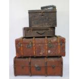 Two vintage travelling trunks, enclosing various boxes and cases,