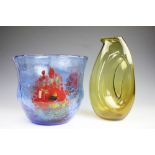 A large Studio glass blue vase, with mottled red detailing and crackle effect, 22cm high,