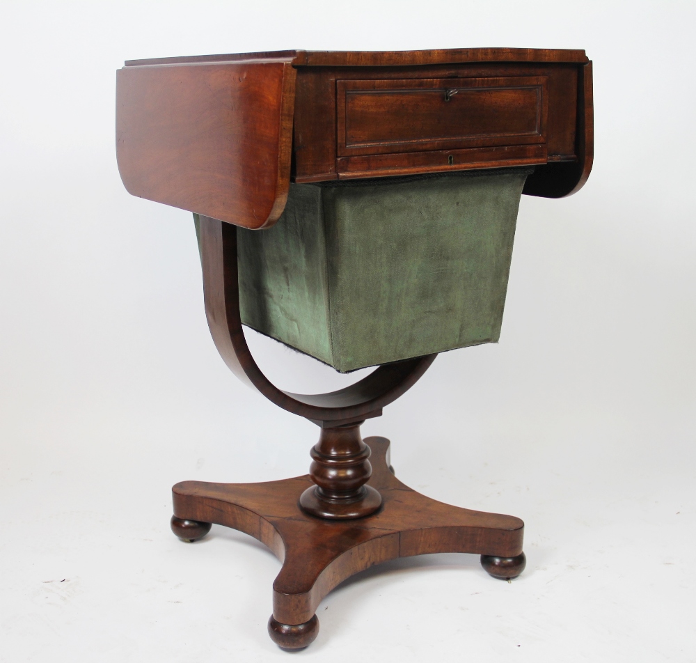 A Victorian mahogany sewing table, with drawer and silks box, on platform and turned feet,