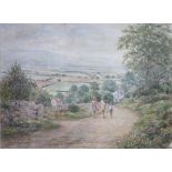 A J Matcham, Watercolour, Figures on a country lane with landscape beyond, Signed, 26.5cm x 36.