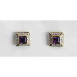 A pair of amethyst and diamond set cluster earrings, each of square form,