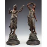 A pair of contemporary 'Par Aug Moreau' bronzed spelter figures, Pastorale and Fee Des Eaux,