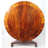 A William IV mahogany and rosewood circular breakfast table, with inverted tapered column,