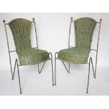 A set of six French painted metal garden chairs, with caned backs and seats,