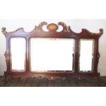 A George II style inlaid mahogany and gilt gesso triple plate over mantle mirror,