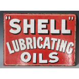 A vintage 'Shell Lubricating Oils' enamel reversible advertising sign 33cm H x 46cm W (at fault)