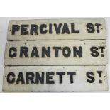 Three Victorian painted pine Manchester street signs,