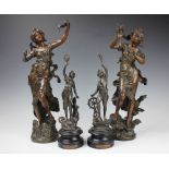 A pair of early 20th century French bronzed spelter of maidens after Moreau, 47cm,