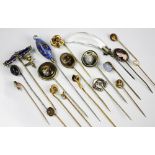 A collection of assorted stick pins, to include; pearl and diamond,